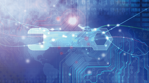 Grafik auf blauem Hintergrund mit Schraubenschlüssel