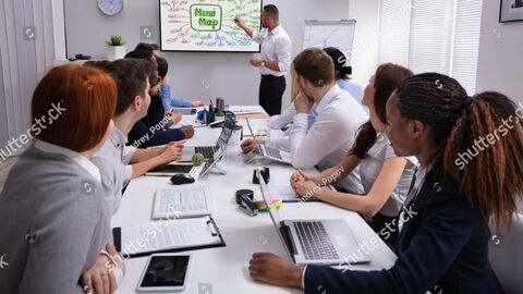 Team im Besprechungsraum mit Tafel, auf der eine Mindmap zu sehen ist