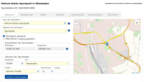 Userfreundlich und zielgerichtet – die Spielstättendatenbank der HZD Mustereintrag aus dem Sportstättendatenbank mit Informationsteil und Landkartenausschnitt
