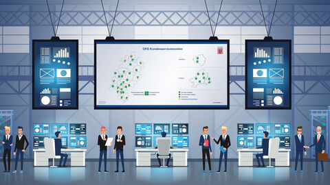 Illustration mit jungen Menschen, die in einem Kontrollraum mit Großbildschirmen Maßnahmen zur Steuer-IT umsetzen