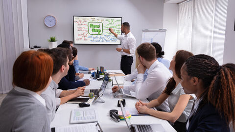 Team im Besprechungsraum mit Tafel, auf der eine Mindmap zu sehen ist
