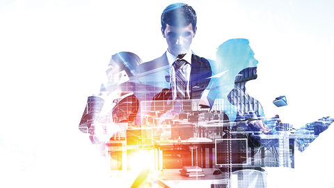 Bildkomposition mit Menschen und Elementen aus dem modernen Arbeitsumfeld