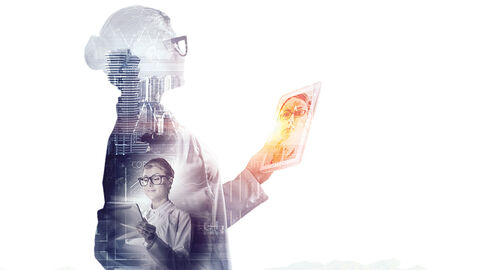 Bildkomposition mit Menschen und Elementen aus dem modernen Arbeitsumfeld