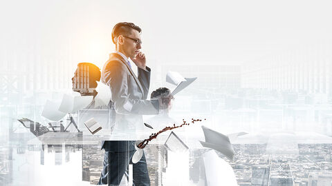 Bildkomposition mit Menschen und Elementen aus dem modernen Arbeitsumfeld