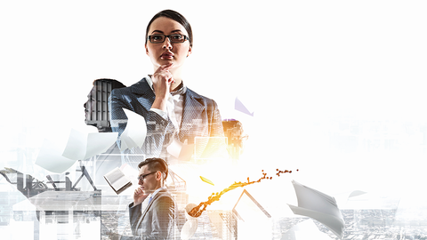 Bildkomposition mit Menschen und Elementen aus dem modernen Arbeitsumfeld