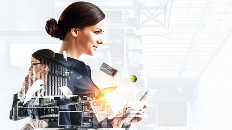 Bildkomposition mit Menschen und Elementen aus dem modernen Arbeitsumfeld