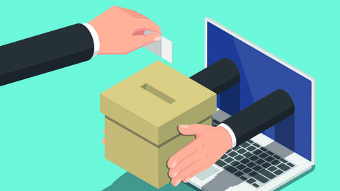 Illustration mit Wahlurne, die von zwei aus einem Laptop ragenden Händen gehalten wird, und zweiter Hand, die Wahlzettel in die Urne wirft