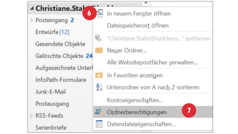 Screenshot, auf dem nummerierte rote Punkte von 6 bis 7 erläutern, an welcher Stelle im Outlook-Menü die entsprechenden Schritte zum Festlegen der Stellvertretung ausgeführt werden müssen