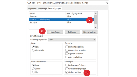 Screenshot, auf dem nummerierte rote Punkte von 8 bis 10 erläutern, an welcher Stelle im Outlook-Menü die entsprechenden Schritte zum Festlegen der Stellvertretung ausgeführt werden müssen