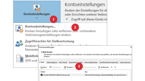 Zwei überlappende Screenshots, auf denen nummerierte rote Punkte von 1 bis 3 erläutern, an welcher Stelle im Outlook-Menü die entsprechenden Schritte zum Anzeigen des Postfachs bei der Stellvertretung ausgeführt werden müssen