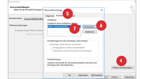 Screenshot, auf dem nummerierte rote Punkte von 4 bis 7 erläutern, an welcher Stelle im Outlook-Menü die entsprechenden Schritte zum Anzeigen des Postfachs bei der Stellvertretung ausgeführt werden müssen