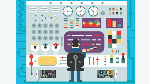 Bunte Illustration mit einem Mann am Arbeitsplatz, der auf eine Wand mit verschiedenen Monitoren, Anzeigemodulen und Reglern blickt