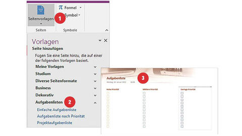 Zwei überlappende Screenshots, auf denen nummerierte rote Punkte von 1 bis 3 erläutern, an welcher Stelle im OneNote-Menü die entsprechenden Schritte zum Erstellen von Seitenvorlagen ausgeführt werden müssen