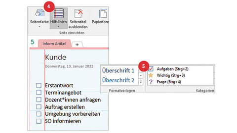 Zwei überlappende Screenshots, auf denen nummerierte rote Punkte von 4 bis 5 erläutern, an welcher Stelle im OneNote-Menü die entsprechenden Schritte zum Erstellen von Seitenvorlagen ausgeführt werden müssen