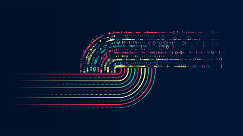 Grafische Visualisierung von Datenströmen, die sich von parallel verlaufenden Linien in linear angelegte Binärcodes verwandeln