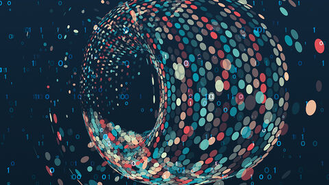 Grafische Visualisierung von Binärcode-Zahlen und als bunte Punkte dargestellten Daten, die zu einem ringförmigen Gebilde formieren