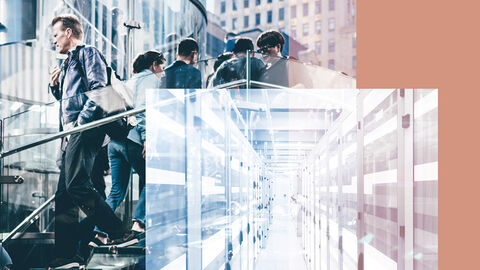 Bildkomposition mit geschäftigen Menschen, die auf einer Treppe unterwegs sind