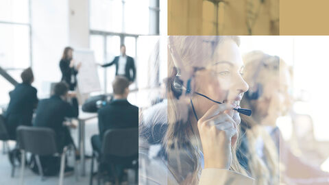 Menschen am Flipchart und am Telefon in einer Bildcollage