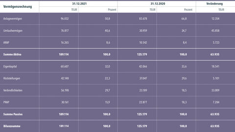 Vermögensrechnung der HZD als Tabelle mit Gegenüberstellung der Zahlen von 2021 und 2020
