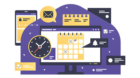 Illustration mit Uhr, Kalender, Handy und anderen Elementen, die das Thema Online-Terminvergabe veranschaulichen