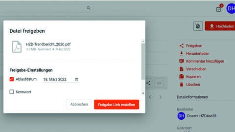 Schreenshot aus HessenDrive mit Freigabe-Link