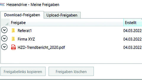 Screenshot HessenDrive mit Liste der Freigabe-Links