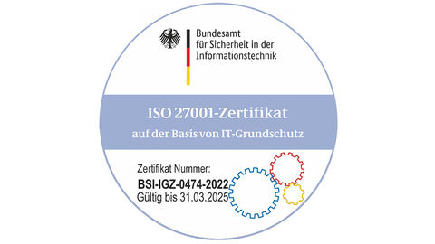 Nach ISO 27001 vom BSI zertifiziert: der Hessische Verbindungsnetz-Zugang der HZD Signet des IT-Grundschutz-Zertifikats BSI-IGZ-0474-2022, das vom Bundesamt für Sicherheit in der Informationstechnik an die HZD vergeben wurde