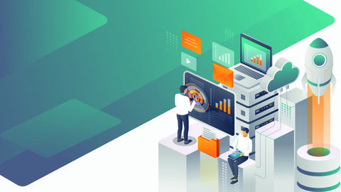 Illustration zur Cloud-Transformation mit zwei Männern in einem virtuellen Server-Raum