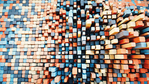 Aus bunten Bausteinen aufgebaute Skyline von oben, die die IT-Architektur des Vorhabens Verwaltungsdigitalisierung symbolisiert