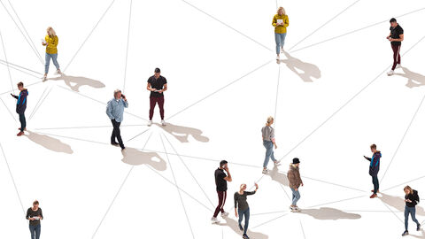 Aufsicht auf einen Platz mit telefonierenden Menschen, die durch ein Netzwerk aus gezeichneten Linien miteinander verbunden sind 