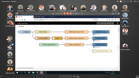 Screenshot der Online-Abschlusspräsentation des HZD-Bootcamps mit Grafik zum Aufbau einer der vorgestellten Apps