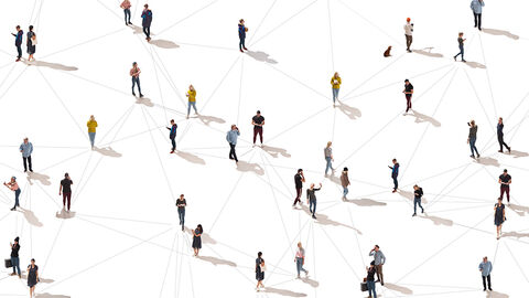 Aufsicht auf einen Platz mit telefonierenden Menschen, die durch ein Netzwerk aus gezeichneten Linien miteinander verbunden sind 