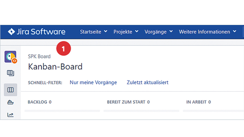 Screenshot von der Startseite des Kanban-Boards in Jira mit positioniertem Punkt 1