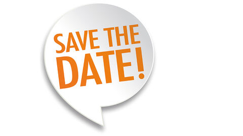 Orange-farbenes Save the Date-Motiv in einer weißen Sprechblase