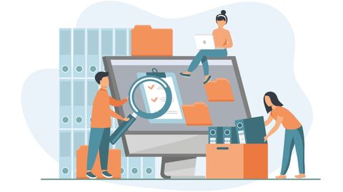 Illustration von drei Personen, die um einen Computerbildschirm herum mit Akten, einer Lupe und einem Laptop hantieren