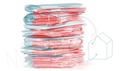 Farblich verfremdetes Foto von gestapelten Handakten und darüber gelegter Grafik aus stilisiertem Haus und den Zahlen 1 und 0