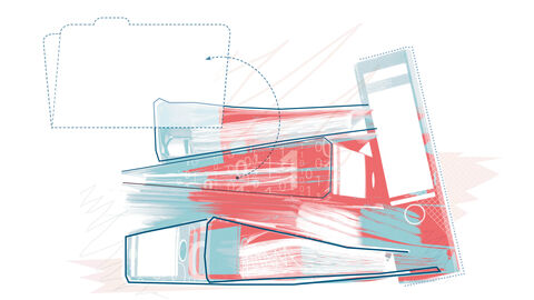 Farblich verfremdetes Foto von gestapelten Aktenordnern und darüber gelegter Grafik aus stilisierter Akte und den Zahlen 1 und 0