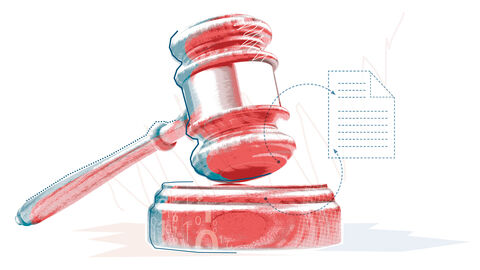 Farblich verfremdetes Foto von Richterhammer und Schlagblock mit darüber gelegter Grafik aus stilisierter Akte und den Zahlen 1 und 0