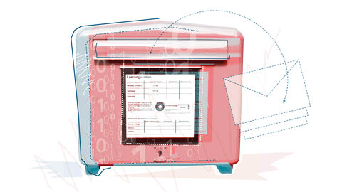 Farblich verfremdetes Foto von traditionellem Postkasten und darüber gelegter Grafik aus stilisiertem Brief und den Zahlen 1 und 0