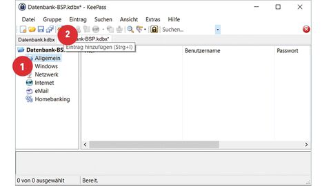 Screenshot vom aufgeklappten Menübaum in KeePass mit den positionierten Punkten 1 und 2