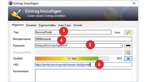 Screenshot von der KeePass-Funktion „Eintrag hinzufügen“ mit den positionierten Punkten 3, 4, 5 und 6