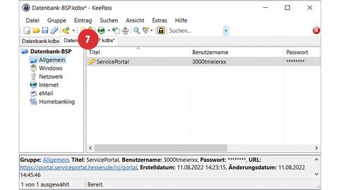 Screenshot vom aufgeklappten Menübaum in KeePass mit positioniertem Punkt 7