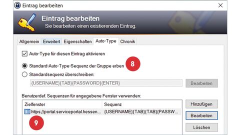 Screenshot von der KeePass-Funktion „Eintrag bearbeiten“ mit den positionierten Punkten 8 und 9