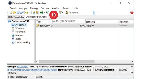 Screenshot vom aufgeklappten Menübaum in KeePass mit positioniertem Punkt 10