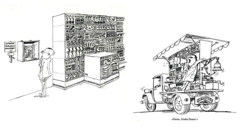 Zwei Cartoons aus einer frühen INFORM-Ausgabe im verstaubt anmutenden Humor der 70-er Jahre