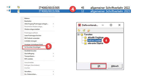 Screenshots vom Aktenbestandsverzeichnis. Der erste Screenshot zeigt zwei Vorgänge, die mit der Ziffer 4 versehen sind. Der zweite Screenshot zeigt das aufgeklappte Kontextmenü im Aktenbestandsverzeichnis. Der Menüpunkt „Zu Favoriten hinzufügen“ ist rot umrahmt und mit der Ziffer 5 versehen. Der dritte Screenshot zeigt den aufgeklappten Menübaum in HeDok. Beim Menüpunkt Favoriten ist der Unterpunkt „HeDok Kunden“ blau markiert, mit der Ziffer 6 versehen und die Schaltfläche OK ist rot umrahmt.