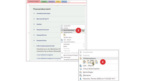Screenshot von einem selbstgewählten Bildschirmausschnitt mit ausgeklapptem Kontextmenü, in dem der Punkt „Text aus Bild kopieren“ markiert und mit der Ziffer 3 versehen ist. Und Screenshot von einem Kontextmenü, in dem der Punkt „Einfügeoptionen“ markiert und mit der Ziffer 4 versehen ist.