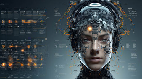 Mit KI erzeugtes Bild in Ölmalerei-Optik, auf dem ein Cyborg mit weiblichen Gesichtszügen und sichtbaren Maschinenteilen wie Schaltkreisen und Kabeln vor einem Hintergrund mit einer Grafik zu den Entwicklungsschritten zu sehen ist