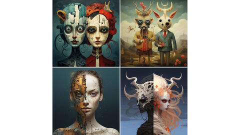 Vierer-Kombination von Bildern, die von der KI zum Stichpunkt Dual-Use_Charakter erzeugt wurden