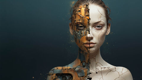 Mit KI erzeugtes Bild in Ölmalerei-Optik, auf dem Kopf und Schultern einer weiblichen Figur zu sehen ist, die zur einen Hälfte Cyborg und zur anderen Hälfte Mensch ist